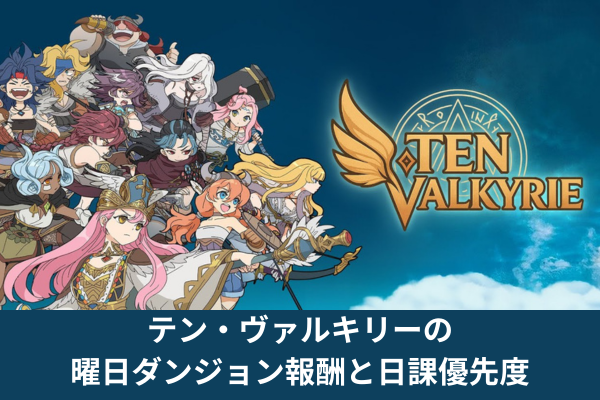 テン・ヴァルキリーの曜日ダンジョンは、育成素材や資源を集めるために見ておきたい日課系コンテンツです。 毎日やることの中で優先度を決めるには、報酬の種類と他コンテンツとの役割差を分けて考える必要があります。 曜日ダンジョンは素材集めに向く一方で、ゴールド目的ならジュースバトル、賞金首モンスターの報酬なら指名手配ハントと見る場所が変わります。 この記事では、テン・ヴァルキリーの曜日ダンジョンで扱える報酬、日課として見る理由、周回前に意識したい目的別の違いを整理します。 曜日別報酬や編成例のように断定しにくい部分も、混同しやすい点が分かるようにまとめます。